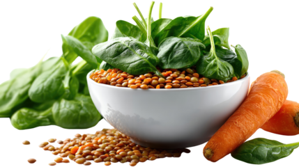 Nourishing Bounty: A vibrant collection of fresh spinach leaves, hearty lentil, and juicy carrot come together in a nourishing display, emphasizing natural and wholesome eating habits.