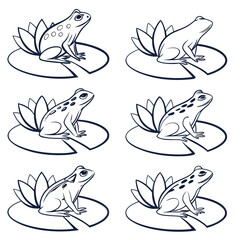 Collection of six stylized line art illustrations of frogs sitting on lily pads each with a unique pattern of spots or stripes on a white background