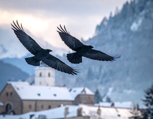 Two crows soar above a snowy village