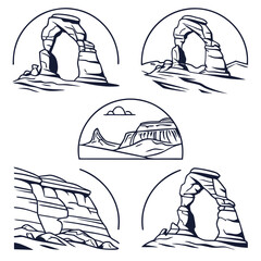 Collection of stylized line art illustrations featuring iconic natural rock arches and desert landscapes perfect for travel and outdoor adventure themes © Stock