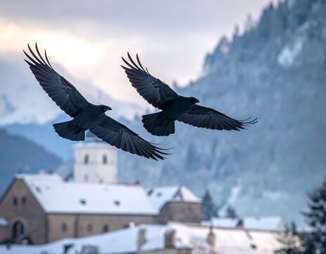Two crows soar above a snowy village
