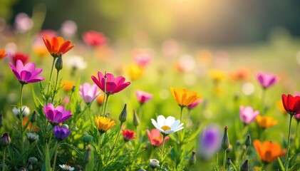 Fototapeta premium Vibrant meadow wildflowers in full bloom, bathed in sunlight A profusion of colors and textures creates a stunning natural scene perfect for backgrounds and nature projects , white, blue