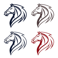 Four stylized horse head emblems in different colors representing power speed and elegance suitable for logos and design elements