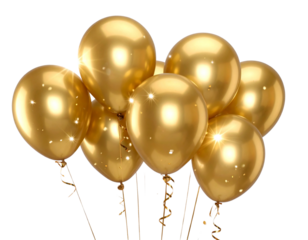 Ultra-detailed 8K PNG of a group of shimmering metallic gold balloons paired with cur 640854