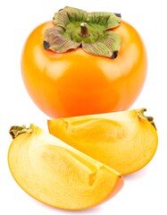 Ripe persimmon, whole and sliced, on white background