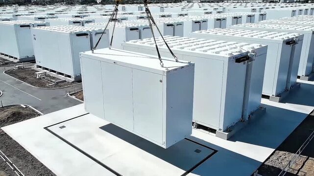 Construction of a large-scale battery storage facility, with prefabricated containers being lifted into place.