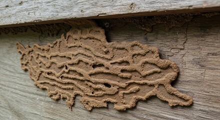 Intricate termite mound texture on weathered wood surface