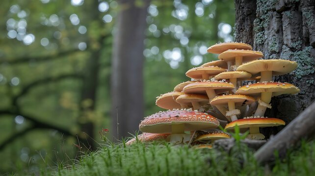 Extreme close-up of colorful mushrooms with red caps at the base of a tree in a misty forest. A natural and mysterious autumn scene with bokeh.
