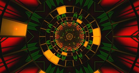 Spiral pattern of bright colors and shapes in a dark space