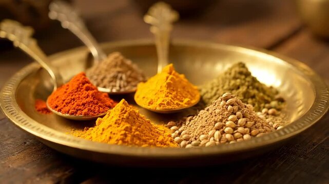 Vibrant indian masala powdered spices and whole seeds artfully arranged on a traditional brass plate for authentic cuisine and culinary experience
