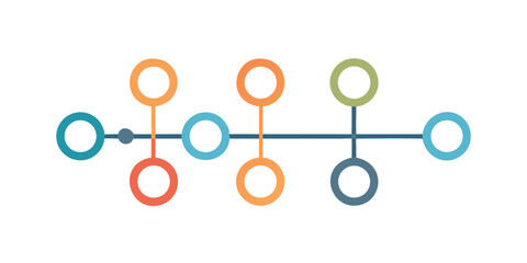Abstract colorful timeline with interconnected circles and nodes on a black background