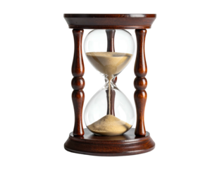 Classic hourglass with brown wooden base and clear glass, sand shifting