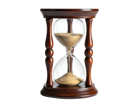 Classic hourglass with brown wooden base and clear glass, sand shifting