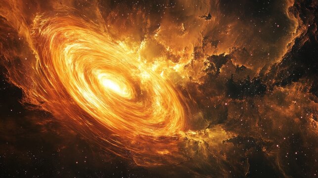 Detailed scientific wallpaper depicting a rotating Kerr black hole, golden plasma disk with turbulent eddies, light-warping background stars and faint cosmic nebula