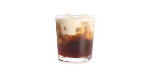 Glass of White Russian cocktail on white background