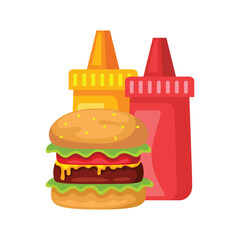Hamburger with ketchup and mustard bottles