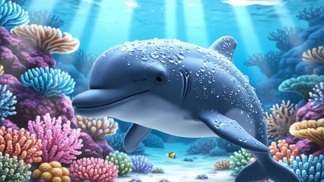 Digital illustration of a dolphin swimming near colorful coral reef underwater with sunbeams.