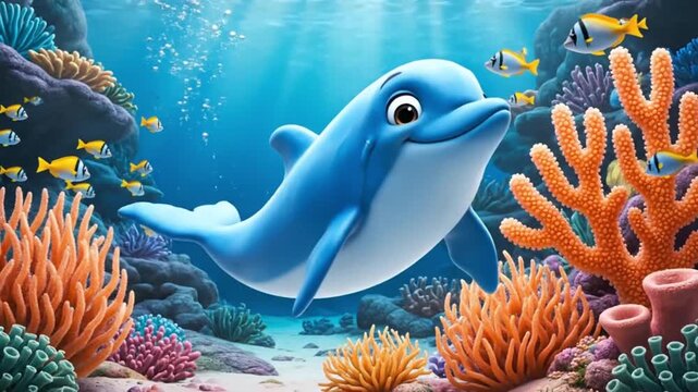 Digital illustration of a smiling dolphin swimming near vibrant coral and fish underwater with a sunny ocean background.