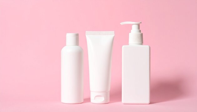 Three white cosmetic bottles on a pink background, skincare products.