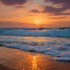 Fototapeta premium Sunset Over Beach Waves and Golden Sky