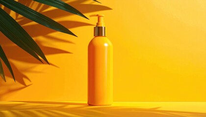 Bright yellow bottle with pump stands against a matching backdrop, casting shadows from a tropical leaf in a summer vibe photo