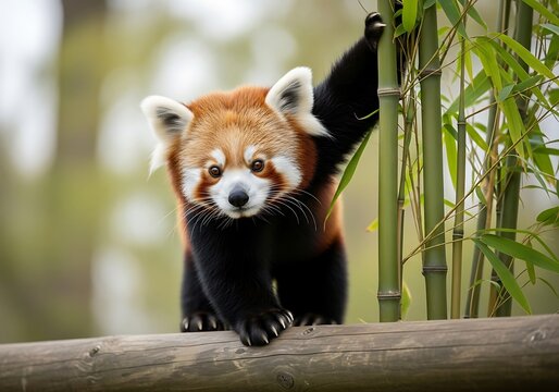 Portrait of charming red panda clinging to bamboo with curious expression