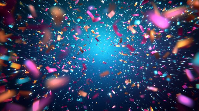 Playful neon confetti explosion on dark blue field, confetti shapes casting soft glows, central translucent rectangle ready for custom message