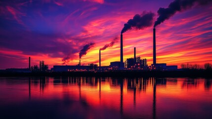Dramatic sunset scene with the plantâ€™s silhouette reflected in a calm river, sky streaked with purple and red, industrial details softly illuminated by golden-hour glow