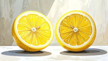 Two vibrant lemon halves, sliced, on a light-gray surface, with a textured background