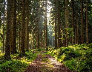 Obraz premium Sunlit path through a dense forest (2)