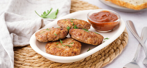 Cutlets with chopped parsley, ketchup and forks on white grunge table in kitchen