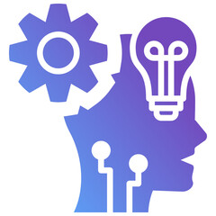Filled Gradient Machine Learning Icon with Human Head, Gear and Light Bulb