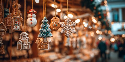 Enchanting Gingerbread Ornaments at a Festive Christmas Market Capturing Holiday Cheer