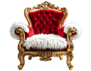 Ornate red velvet throne chair with white fur accents