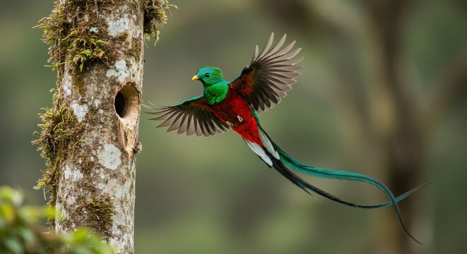 Colorful quetzal bird in flight near nest