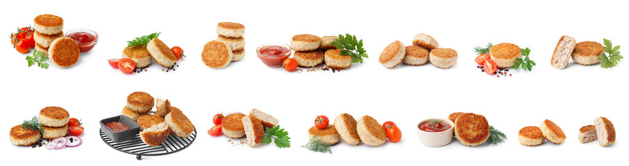 Set of tasty meat cutlets on white background