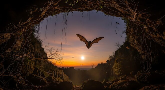 Bats Flying Cave Sunset.