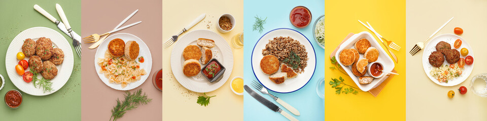 Collage of tasty cutlets on color background, top view
