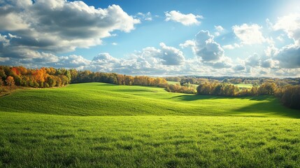 Fototapeta premium Green grassy landscape with fields and trees under a blue cloudy sky in fall sunlight, Subject positioned at the top with clear copy space at the bottom.