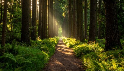 Obraz premium Sunlit path through a dense forest