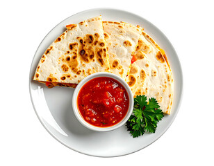 Quesadillas on white plate with salsa and parsley