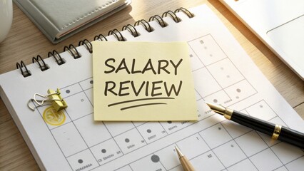 Fototapeta premium Salary Review Reminder on Sticky Note with Calendar, Pen, and Notebook on Wooden Desk for Workplace Planning and Productivity