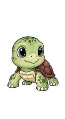 A charming, cartoon depiction of a small turtle, with vibrant green and brown hues, set against a clean white background.
