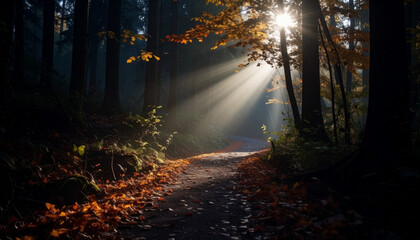 Autumn Forest Path Sunbeams . Nature Concept. Generated Image