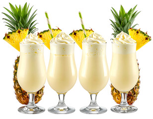 Four tall, creamy, pineapple smoothies in glasses with straws, topped with whipped cream