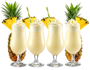 Four tall, creamy, pineapple smoothies in glasses with straws, topped with whipped cream