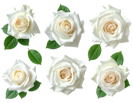 Six pristine white roses, cream centers, lush green leaves