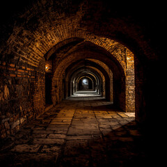 Obraz premium Dark and eerie vaulted cellar made of red bricks located beneath an ancient castle.