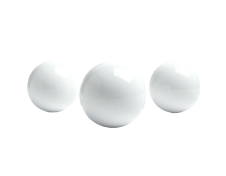 Three glossy white spheres in horizontal row