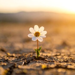 Single white flower in cracked earth, golden light